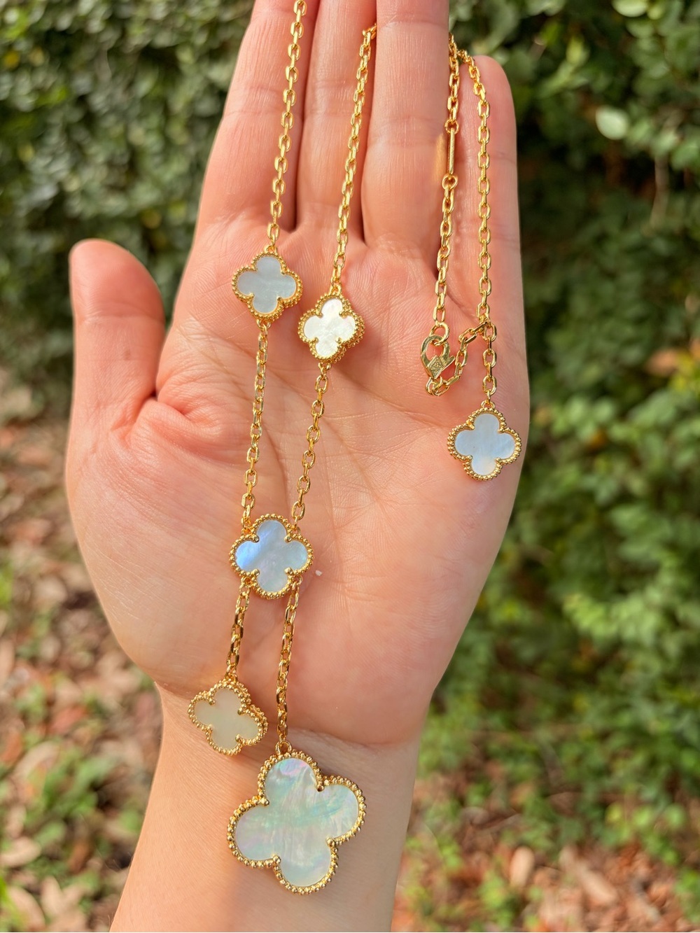 Alhambra inspired Luxury Gold Clover Mother-of-Pearl Station Necklace - White - Picture 2 of 10